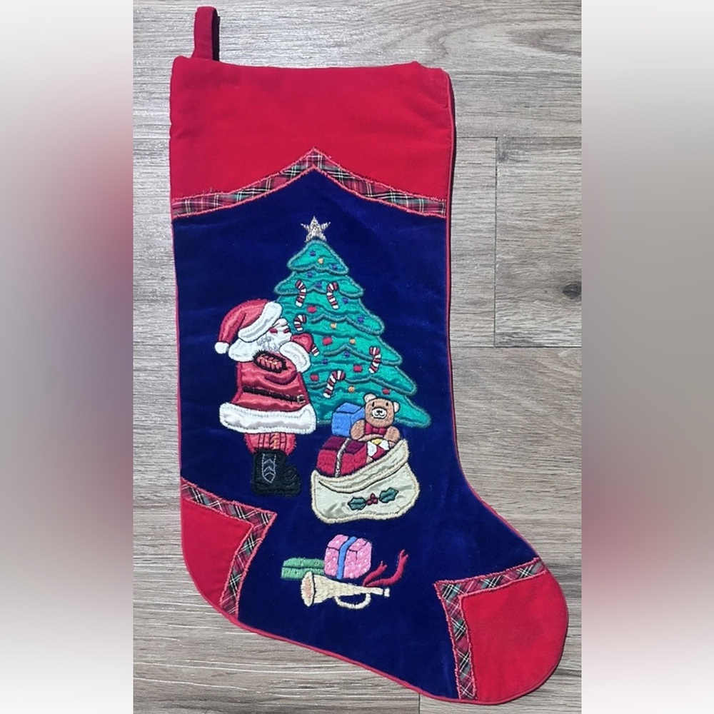 VTG Velvet Christmas Stocking Satin Santa Tree Toy Bag Applique Embroidered